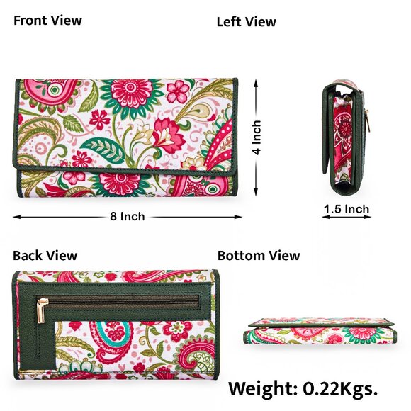 Paisley Printed Fabric Trifold Wallet & Card Holder – Women Organizer, ID Window - Picture 3 of 8